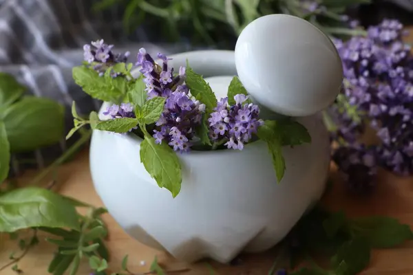 Mortar Fresh Lavender Flowers Mint Pestle Table Closeup — Zdjęcie stockowe