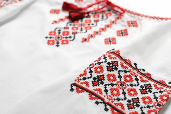 Beautiful White Shirt Red Ukrainian National Embroidery Closeup Space Text — Stockfoto