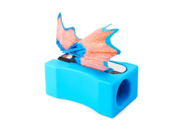 Light Blue Sharpener Pencil Shavings White Background — 스톡 사진