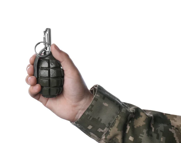 Soldier Holding Hand Grenade White Background Closeup — 스톡 사진