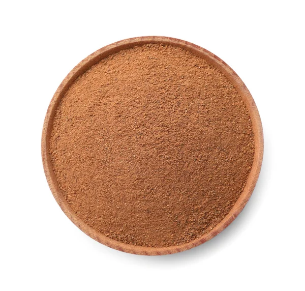 Wooden Bowl Aromatic Cinnamon Powder Isolated White — ストック写真