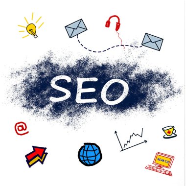 Search engine optimization. Abbreviation SEO and drawings on white background, illustration