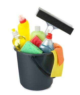 Black plastic bucket with different cleaning products isolated on white