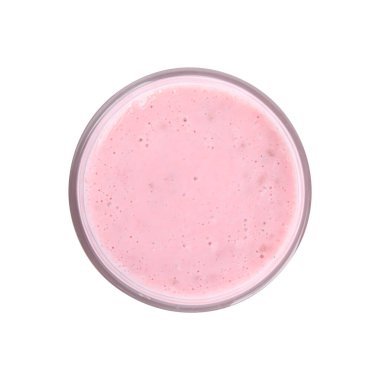 Beyaz, üst manzaralı, cam kaplı lezzetli ahududu smoothie.