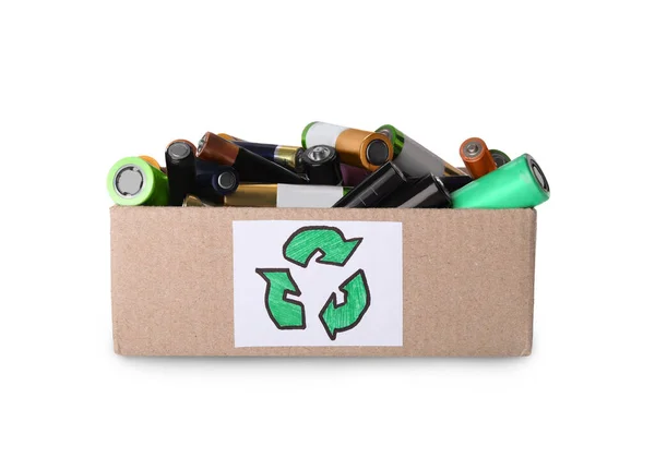 Used Electric Batteries Cardboard Box Recycling Symbol White Background — Fotografia de Stock