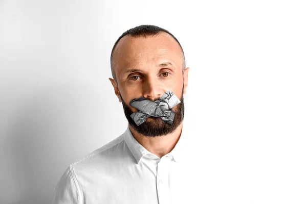 Mature Man Taped Mouth White Background Speech Censorship — 스톡 사진