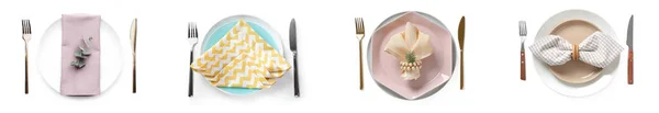 Set Examples Different Beautiful Table Settings White Background Top View — Photo