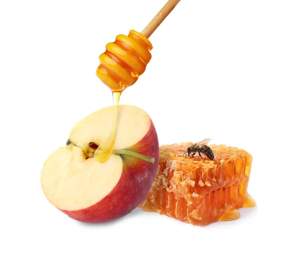Natural Sweet Honey Tasty Fresh Apple White Background — Φωτογραφία Αρχείου