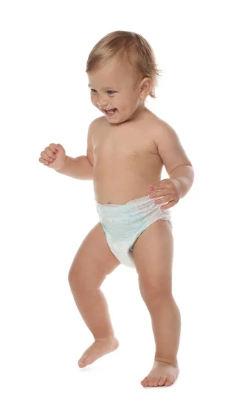 Cute Baby Diaper Learning Walk White Background — Zdjęcie stockowe