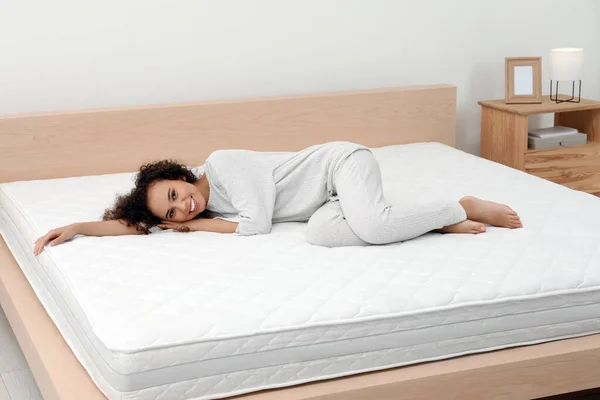 Happy Young African American Woman Bed Comfortable Mattress Home — Photo