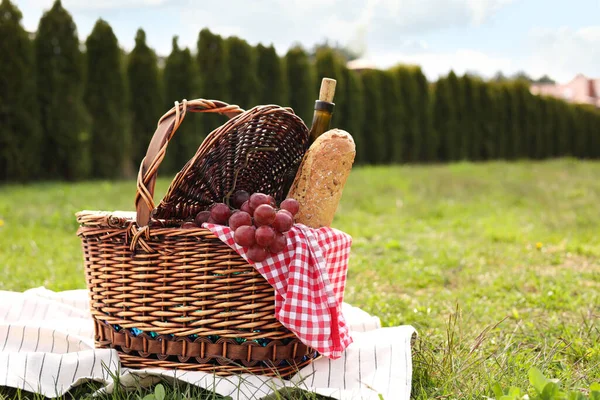 Picnic Basket Bottle Wine Bread Grapes Napkin Blanket Green Grass — стоковое фото