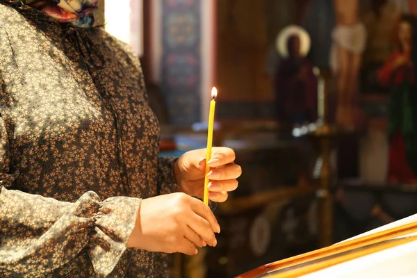 Mature Woman Holding Candle Church Closeup — 스톡 사진