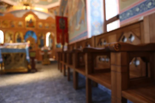 Blurred View Empty Wooden Benches Church — ストック写真