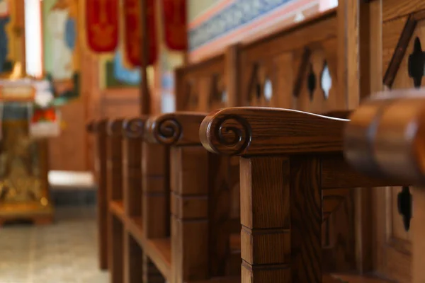 Empty Wooden Bench Church Closeup Space Text — Fotografia de Stock