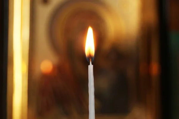 One Burning Candle Church Closeup View — стоковое фото