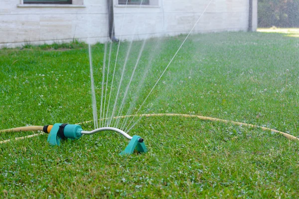 Automatic Sprinkler Watering Green Grass Lawn Outdoors — Stock Photo, Image