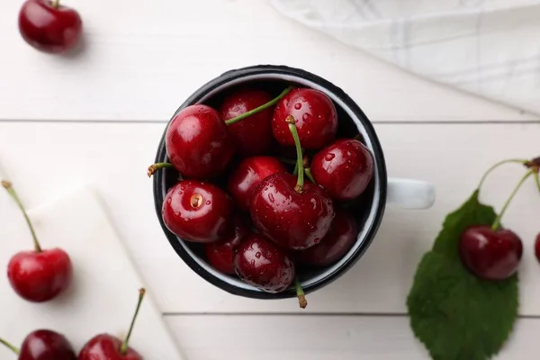 Fresh Ripe Cherries Water Drops White Wooden Table Flat Lay — Stock fotografie