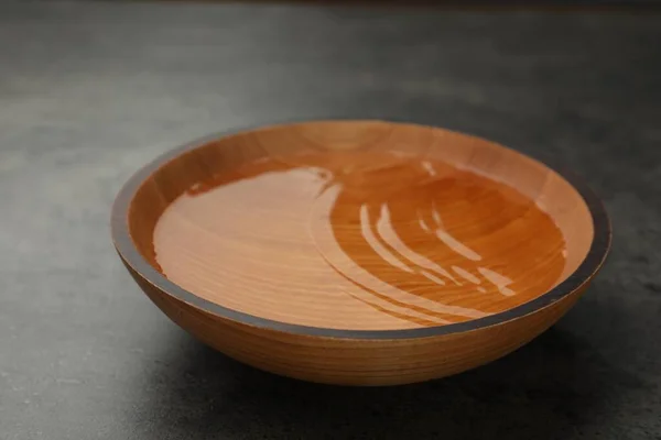 Wooden Bowl Water Grey Table Closeup — Fotografia de Stock