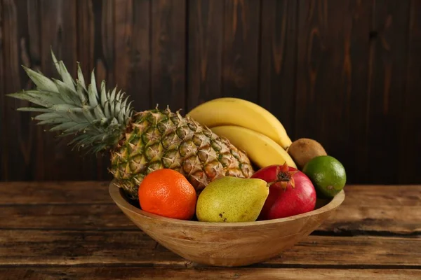 Fresh Ripe Fruits Bowl Wooden Table — Φωτογραφία Αρχείου