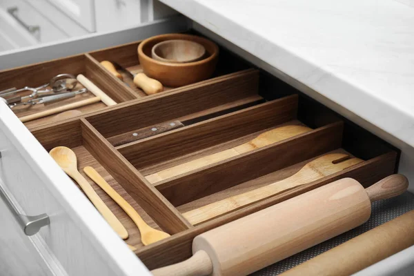 Open Drawer Kitchen Cabinet Different Utensils Closeup — Fotografia de Stock