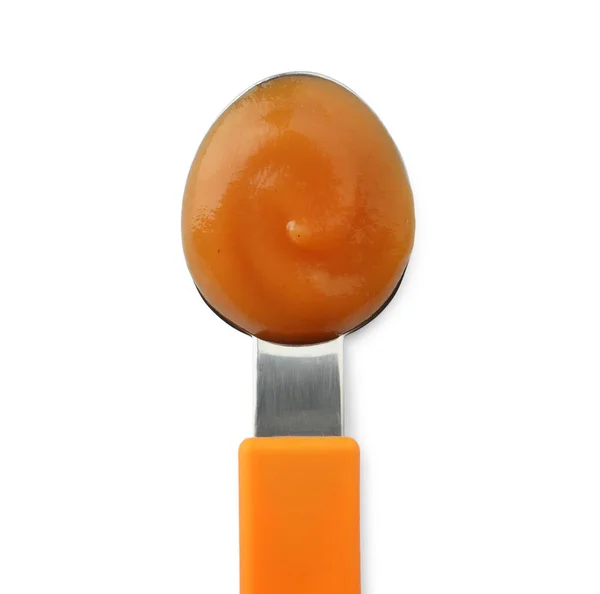 Healthy Baby Food Spoon Isolated White Top View — Stockfoto