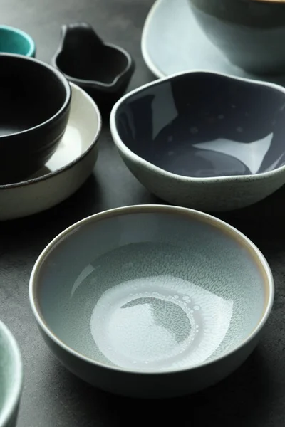 Set Stylish Empty Bowls Grey Table — Φωτογραφία Αρχείου