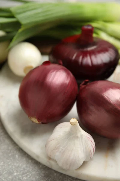 Fresh Onion Bulbs Leek Garlic Grey Table Closeup — Foto Stock