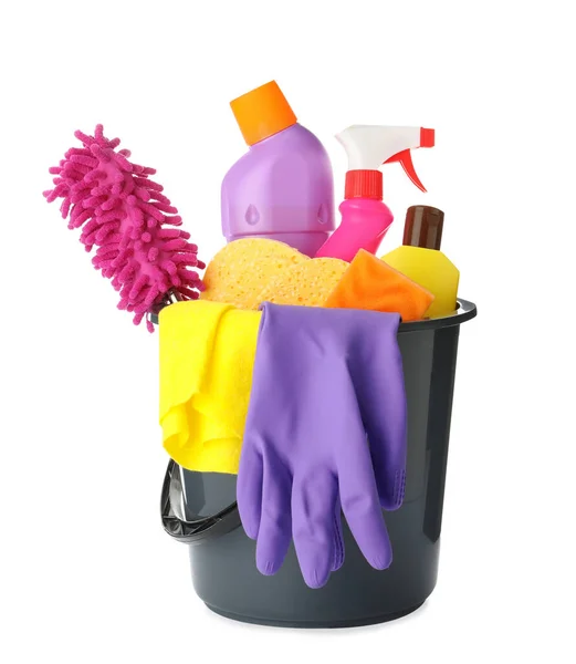 Black Plastic Bucket Different Cleaning Products Isolated White — Zdjęcie stockowe