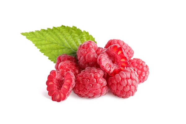Fresh Ripe Raspberries Green Leaf White Background — Stock Photo, Image