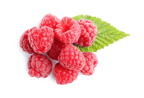 Fresh Ripe Raspberries Green Leaf White Background Top View — Φωτογραφία Αρχείου
