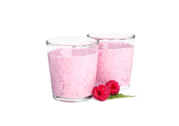 Tasty Fresh Raspberry Smoothie Glasses White Background — Stok fotoğraf