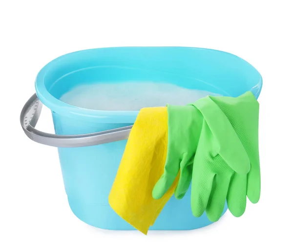 Blue Bucket Rag Gloves Isolated White Stock Image