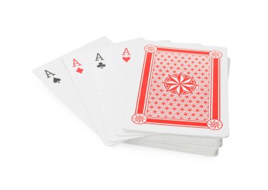Four aces and other playing cards isolated on white. Poker game