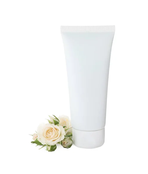 Tube Hand Cream Roses White Background — Zdjęcie stockowe