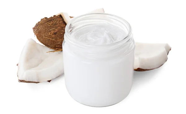 Jar Hand Cream Coconut Pieces White Background — Foto de Stock