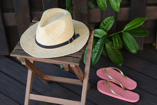 Stylish Hat Flip Flops Wooden Fence Beach Accessories — Photo