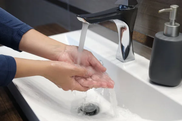 Woman Washing Hands Bathroom Closeup View — Stock Photo, Image