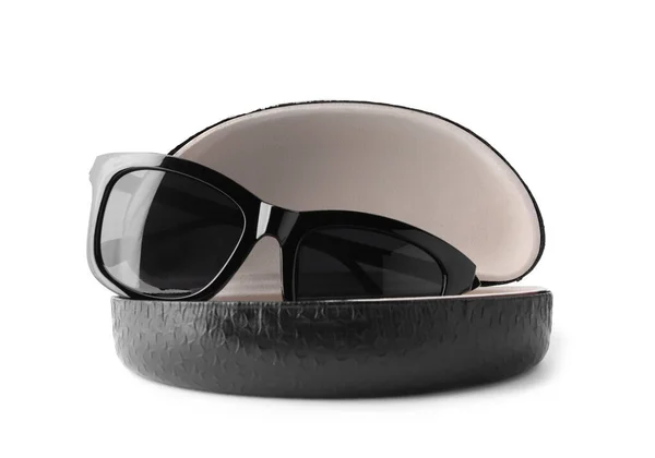 Stylish Sunglasses Black Leather Case White Background — Stock Photo, Image