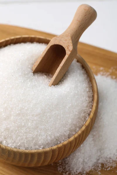 Wooden Bowl Granulated Sugar Scoop Table View —  Fotos de Stock