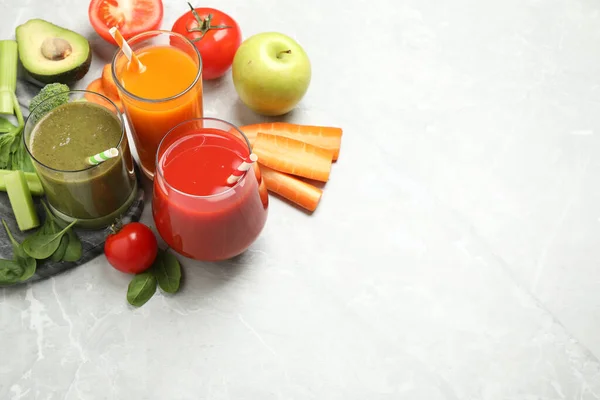 Delicious Vegetable Juices Fresh Ingredients Light Grey Table Space Text — 스톡 사진