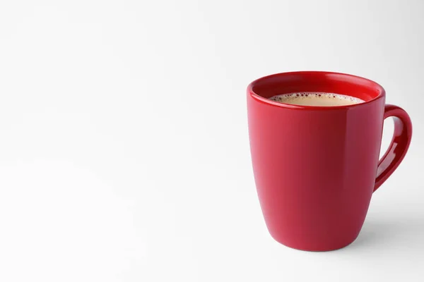 Red Mug Freshly Brewed Hot Coffee White Background Space Text — Zdjęcie stockowe