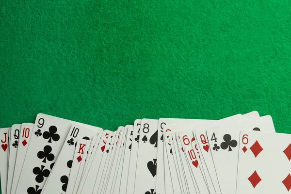 Deck Playing Cards Green Table Top View Space Text — Foto de Stock