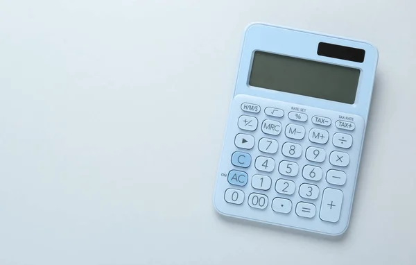 Modern Calculator White Background Top View Space Text — Zdjęcie stockowe