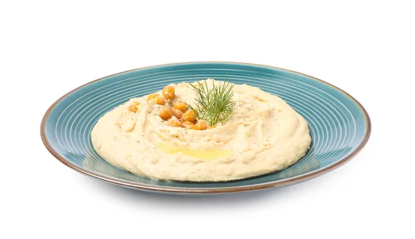 Teller Mit Schmackhaftem Hummus Mit Beilage Isoliert Auf Weiß — Stockfoto