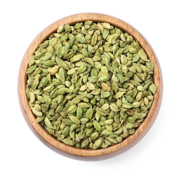 Wooden Bowl Dry Cardamom Seeds Isolated White Top View — Stockfoto