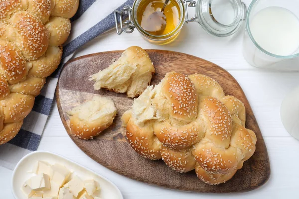 Homemade Braided Bread Sesame Seeds Butter Milk Honey White Wooden — Fotografia de Stock