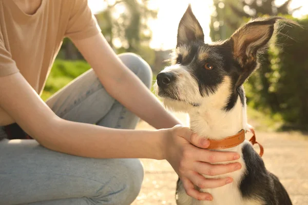 Parkta Sevimli Köpeğiyle Genç Bir Kız Yakın Plan — Stok fotoğraf