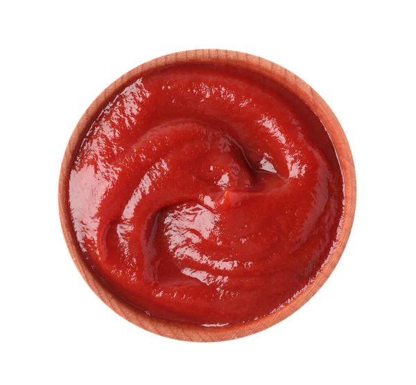 Lekkere Ketchup Houten Kom Geïsoleerd Wit Bovenaanzicht — Stockfoto