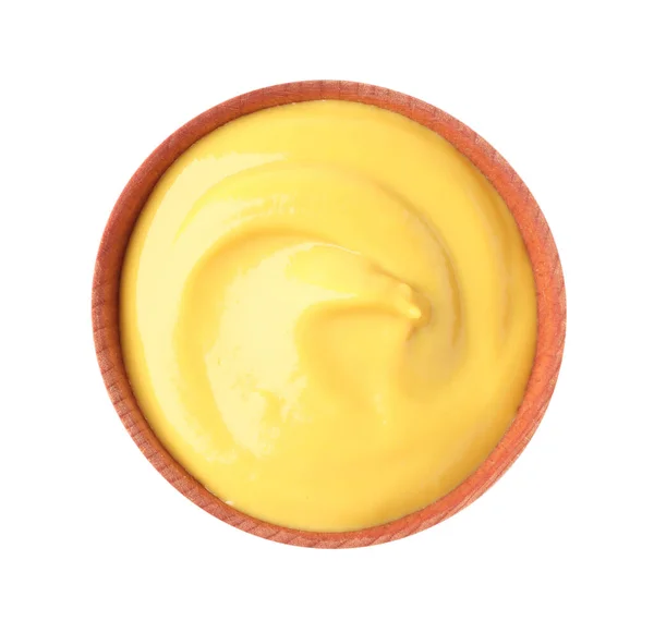 Spicy Mustard Wooden Bowl Isolated White Top View — Stock Photo, Image