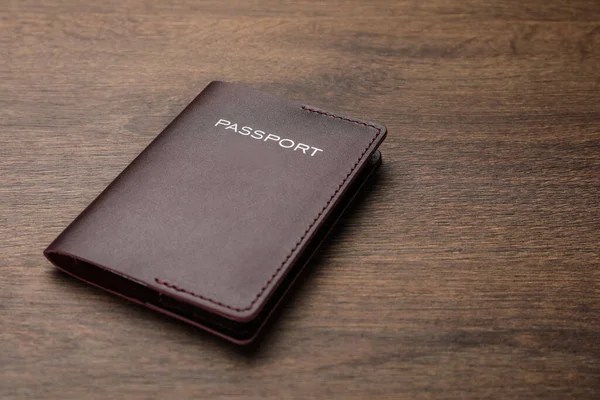 Passport Brown Leather Case Wooden Table Space Text — Fotografia de Stock